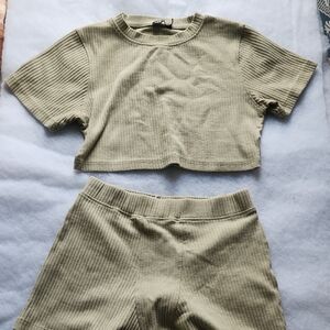 Nasty Gal Ribbed Knit Lounge Set in Light Olive